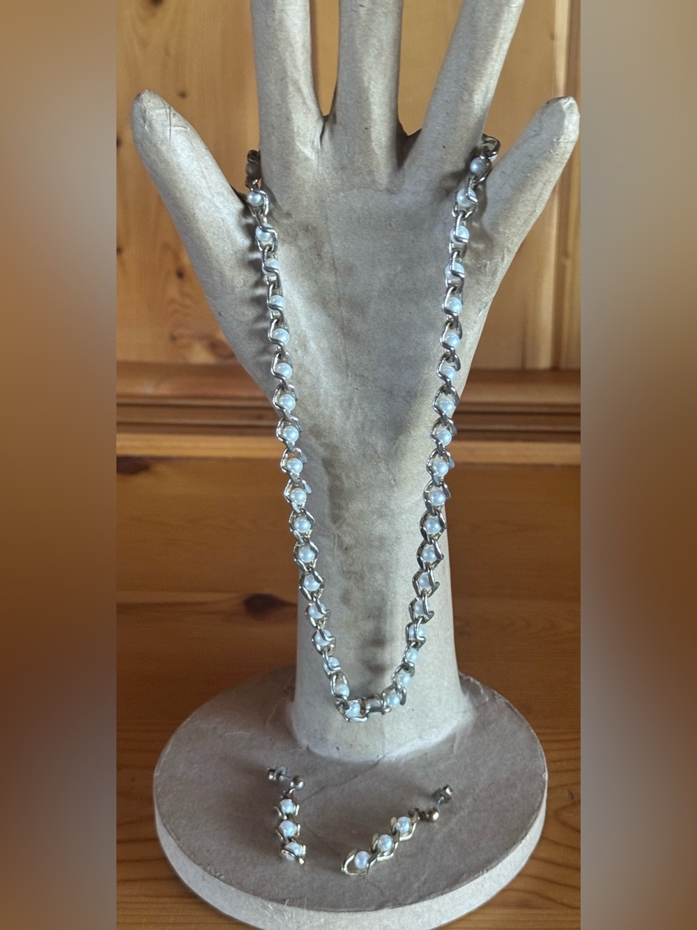 Vintage 1980s Necklace And Earring Set Chain and Faux Pearls Intertwined!